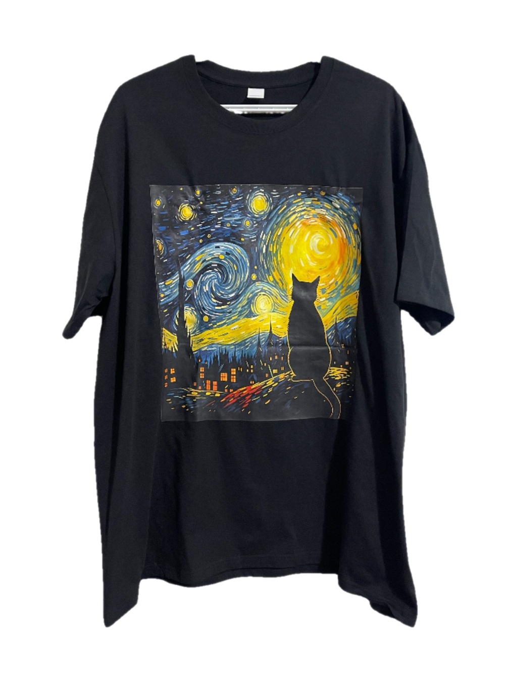 Black 'Starry Night Cat' Graphic Art T-Shirt